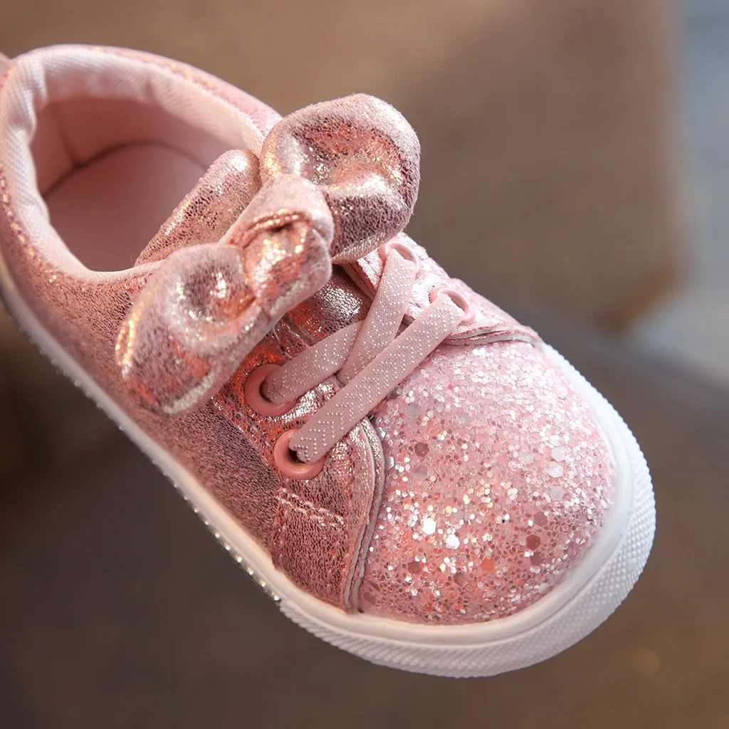 Детская Всесезонная обувь; От 1 до 3 лет обувь для маленьких девочек с бантом и блестками; модная повседневная обувь; модельные туфли с блестками и бантом