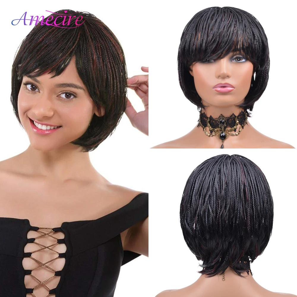 

American Hair Synthetic Short Braided Bob Wigs African Short Box Braid Wigs with Bangs Natural Comfortable Wig for Black Women