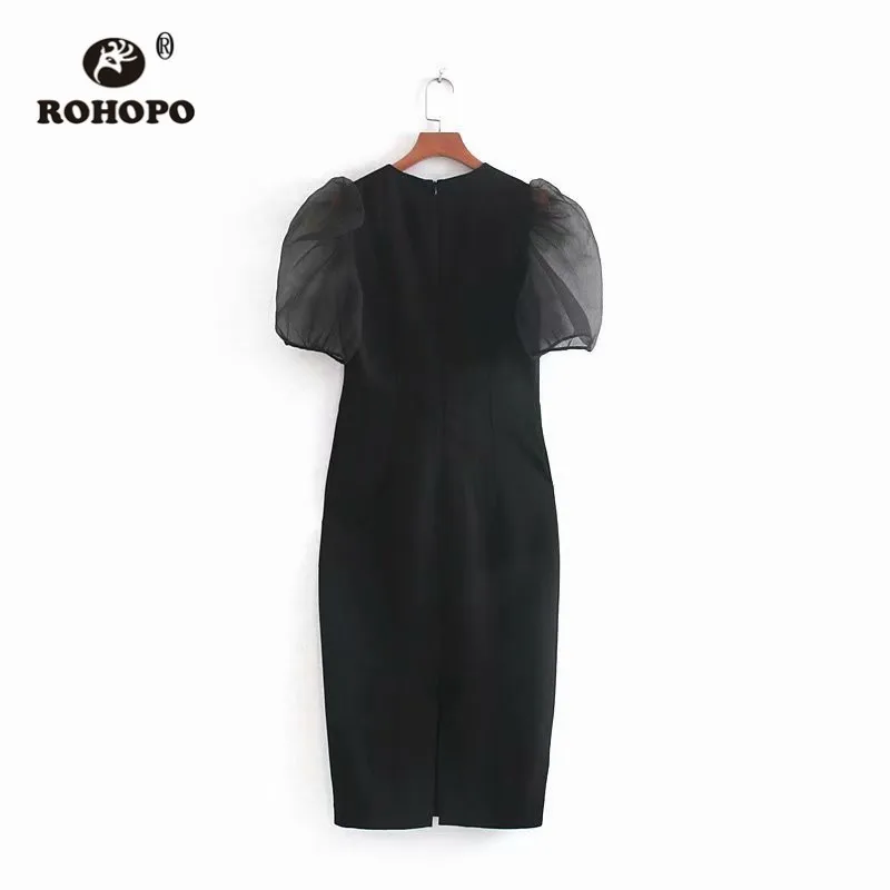 ROHOPO Tulle Puff рукав круглый воротник назад подол скольжения Bodycon черное женское