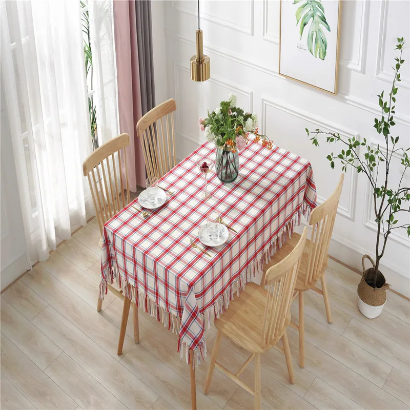 4-color striped plaid cotton linen art table cloth home tablecloth hand-woven tassan rectangular tea table cloth - Цвет: Розовый