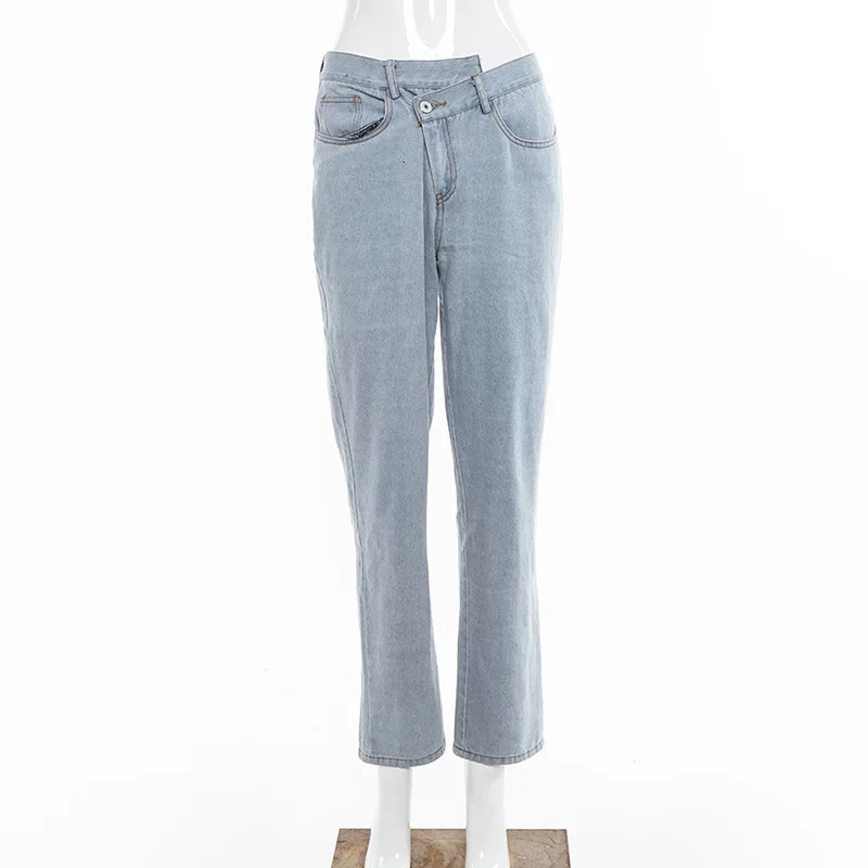 2019 Модные женские синие свободные джинсы повседневные Асимметричные талии прямые брюки длинные карманы джинсовые брюки