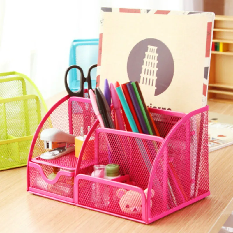  Various colors 7 Storage Multi-functional Desk Organizer Mesh Metal Pen Holder Stationery Container