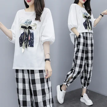 

2020 Summer Cloth Women Large Plus Size Plaid sports suit Top And Pant Two Piece Set Sportwear Tracksuit Matching Set Big outfit