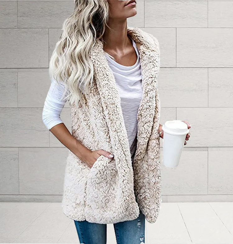 Women's Fashion Sleeveless Hooded Pocket Vest 2020 New Warm Solid Color Furry Women Autumn and Winter Jacket | Женская одежда