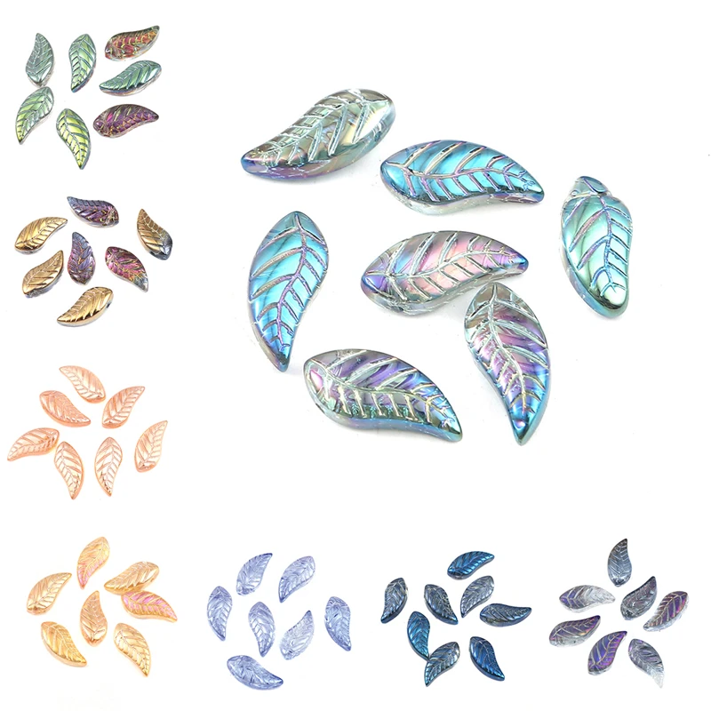 50 PCs Doreen Box Glass Beads Leaf Multicolor AB Rainbow Bead For DIY Fashion Bracelet Jewelry Making16x 8mm, Hole: 0.9mm