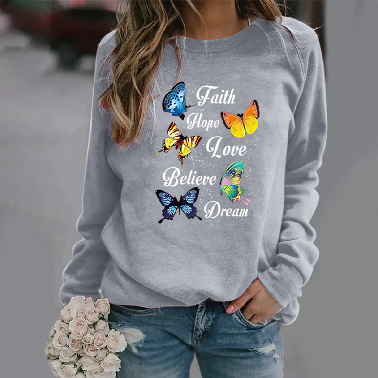 Women Butterfly Print O neck Long Sleeve Casual Sweatshirt Pullover Tops Blouse 