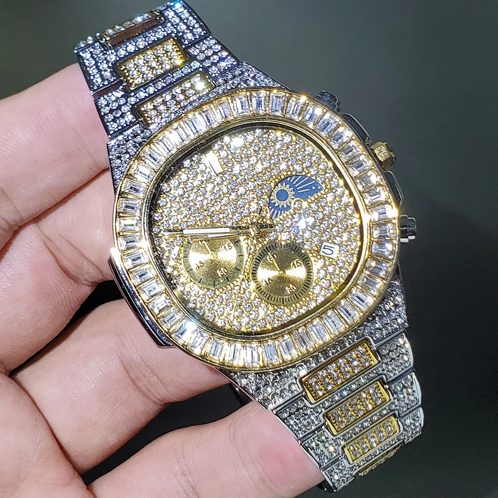 Grandi Orologi Con Diamanti Orologio Da Uomo Di Lusso Di Marca Superiore Orologio Da Uomo In Acciaio Inossidabile Con Fasi Lunari Orologio Cronografo 