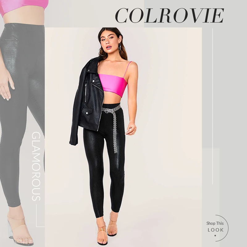 COLROVIE черные леггинсы для женщин эластичные однотонные сексуальные леггинсы Модные осенние женские Гламурные брюки