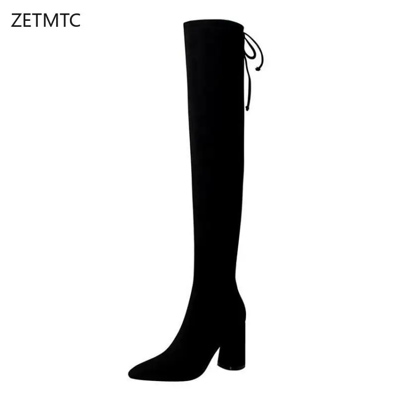 

thigh high boots black women lace-up sexy fashion Pointed Toe Square heel Over-the-Knee Winter warm fashion High heel 8.5cm