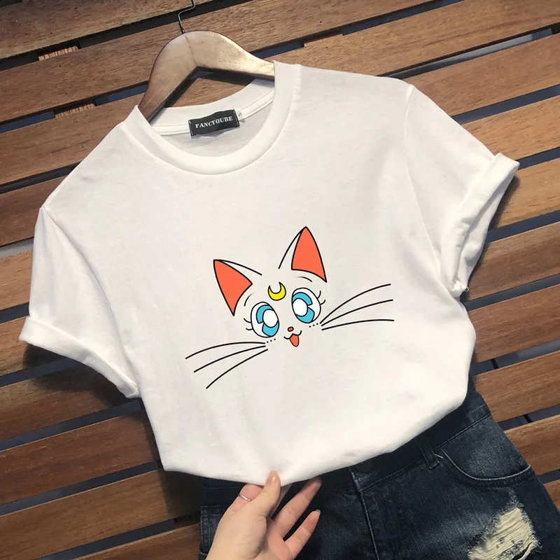 Sailor Moon 90s Tee Harajuku clothes Tshirt Aesthetic cat Anime Women Cute Female T-shirt Kawaii Tees Fashion Ullzang