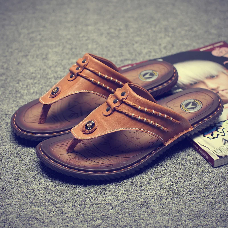 

2019 New Style Summer Men-Style Flip-flops Men's Soft-Sole Slippers Casual Genuine Leather Sandals