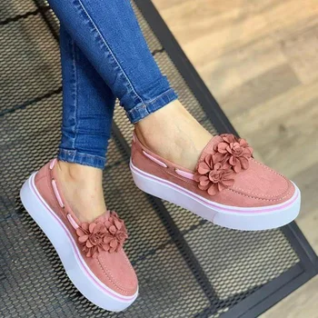 

EOEOODIT Women Spring Flat Heel Shoes Round Toe Slip On Sweet Camellia Decoration Plus Size Flats Loafers
