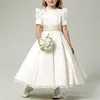 Ivory Satin Flower Girl Dresses With Champagne Bow Sash Jewel Neck Ankle Length Bubble Short Sleeves Lace Hemline Girls Dresses ► Photo 3/6