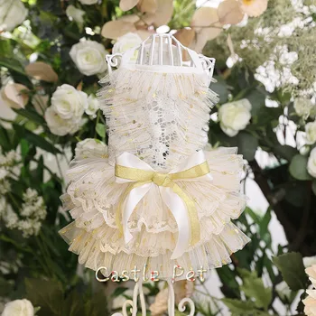 

High-end Handmade Dog Clothes Lolita Dress Golden Shoulder-strap Lace Puppy Dress Party Wear For Kitty Chihuahua Yorkshire Dress