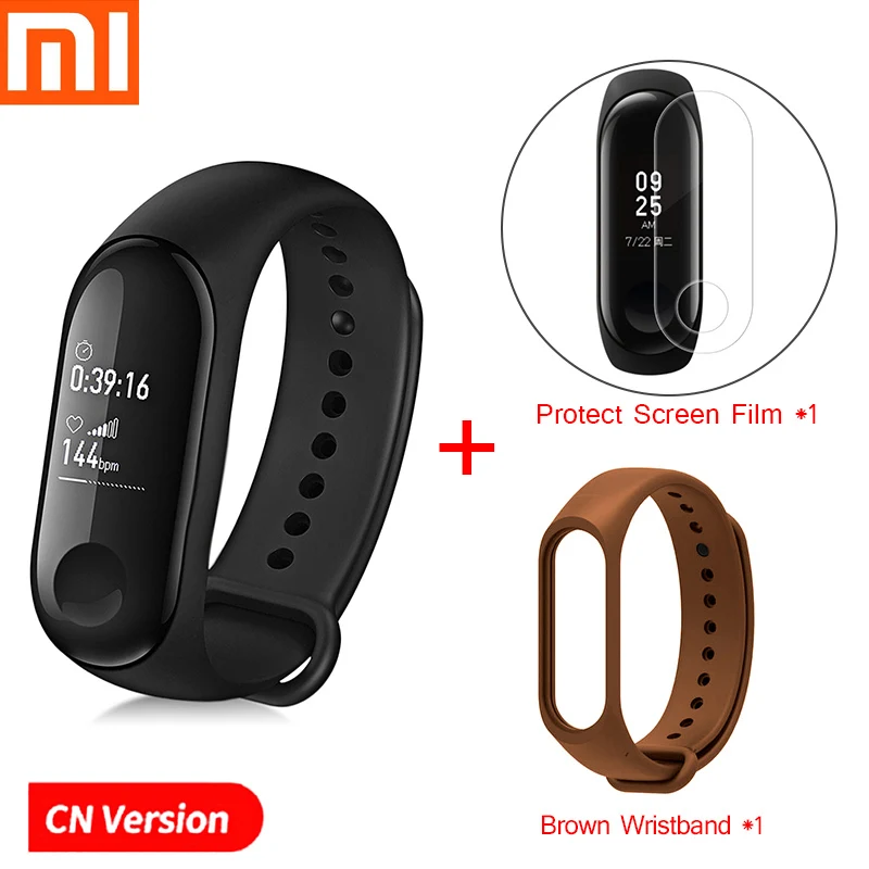 Add Brown Strap Xiaomi mi-браслет 3 Смарт-Браслет фитнес-браслет PK mi Band 4 большой сенсорный экран oled-сообщение частота сердечных сокращений Smartband - Цвет: Add Brown Strap