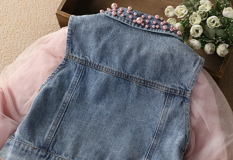 New Girls Dresses 2pcs Sets Kids Autumn Clothes Pearl Denim Vest Long Sleeve Lace Princess Dress Bow Pink Children Outfits Size