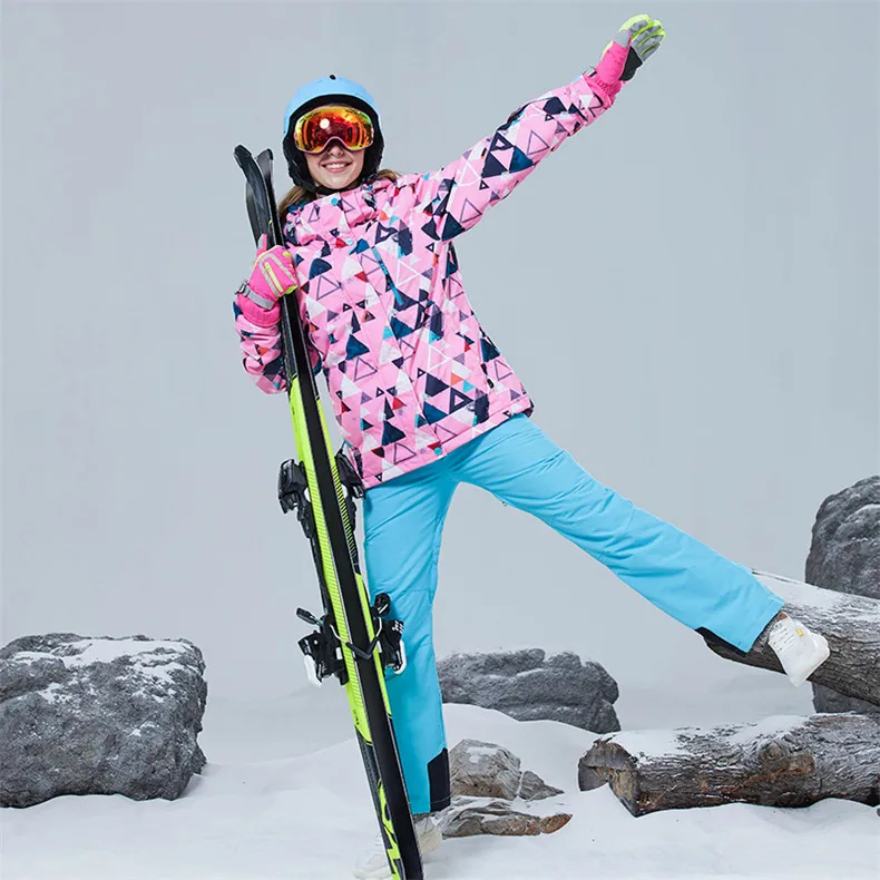Комплект из водонепроницаемой зимней лыжной куртки и штанов, зимняя теплая куртка и брюки, Женский комплект для сноуборда, женский комплект одежды для сноуборда - Цвет: hx65-blue