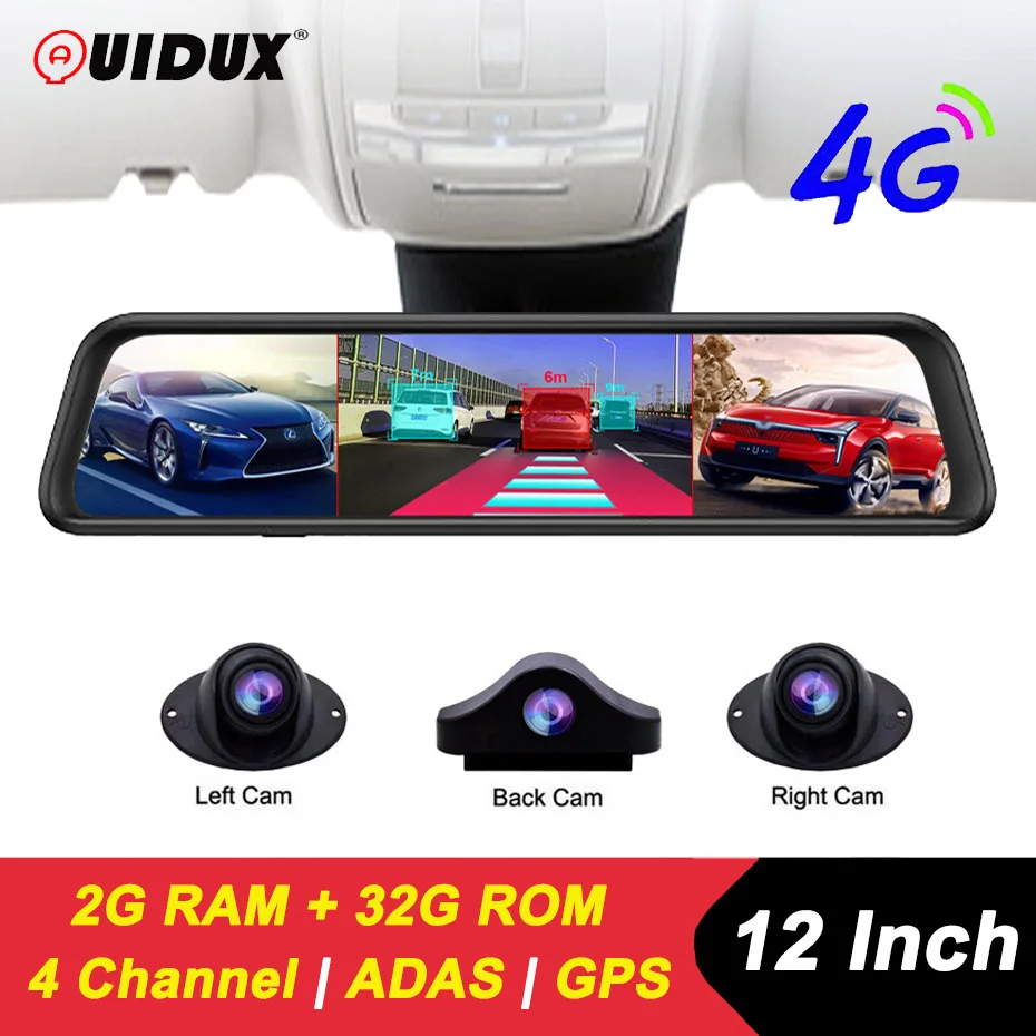 12 Inch 4 Channel Dash Cam ADAS Android Auto 4G Car DVR Video Recorder 1080P Rearview Mirror GPS Navigation - Цена: 19 003,31 - 48 052,89 руб.