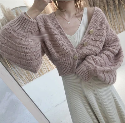 pink Женские осенние однотонные короткие вязаные свитера, повседневные свободные размеры с v-образным вырезом, Женские Элегантные вязаные кардиганы с рукавами-фонариками - Цвет: pink