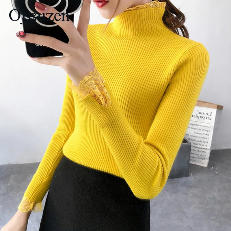 Knitted Women Sweater Female Pullovers Winter Basic Ladies Sweaters Lace Patchwork Neck Slim Black Yellow Pullover Clothing | Женская