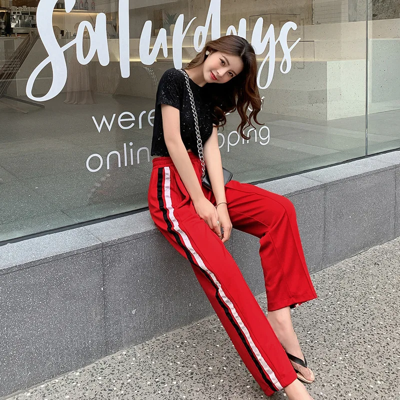 

Customizable 2019 Summer New Style Knitted Sexy Short Navel T-shirt Women's Athletic Pants Trendy Two-Piece Set F7163