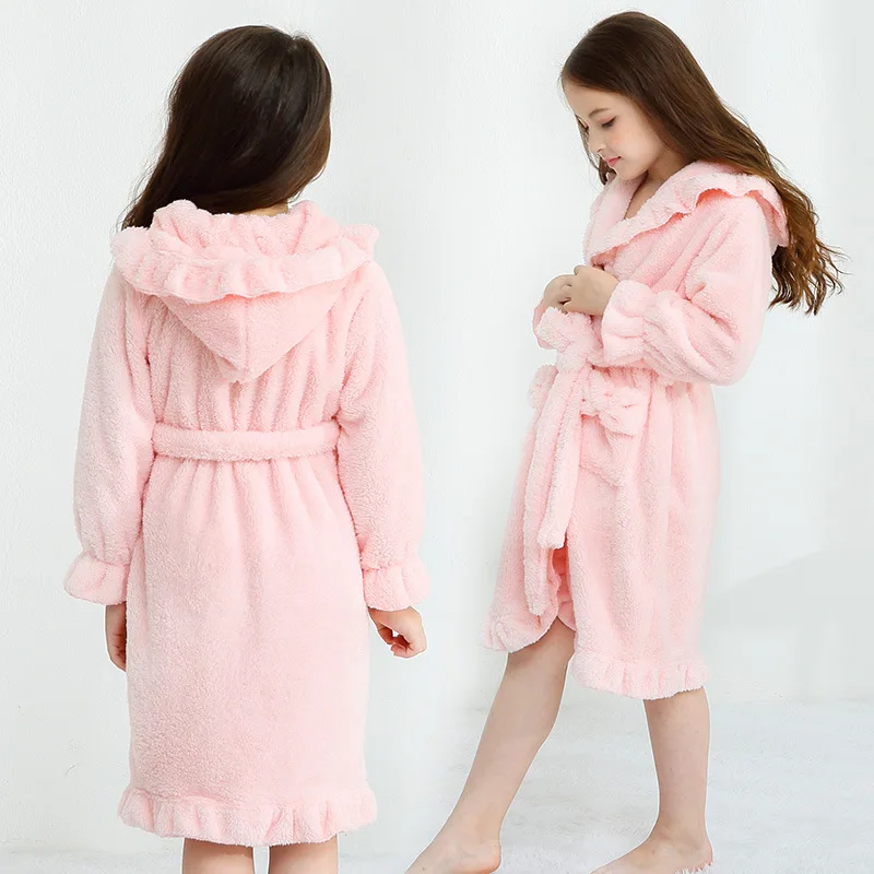 Toddler Baby Boys Girls Flannel Stringy Selvedge Bathrobe Children Sleepwear Hooded Bath Robes Night-robe Pajamas Kids' Clothes