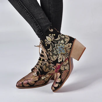 

Stylish Women Chelsea Boots Embroider Ethnic Winter Ankle Boot Lace Up Pointed Toe High Heel Shoe Hair Stylist Warm Cowboy Botas