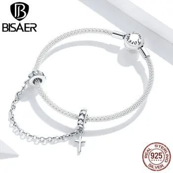 

BISAER Simple Cross Safety Chain 925 Sterling Silver Triangle Retro Pendant Fit DIY Making Bracelet Fine Jewelry Gift HVC362