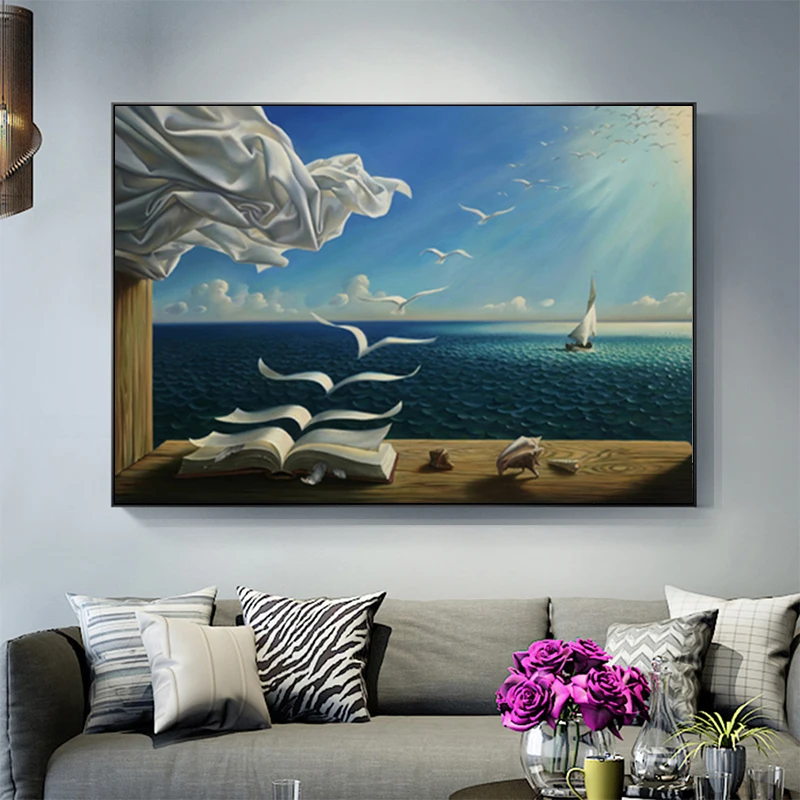 波の本の帆船サルバドール ダリ 風景のポスターと版画 リビングルームの装飾のためのcuadrosの壁の写真 絵画 書道 Aliexpress