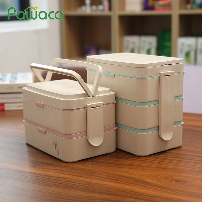 

Reusable Lunch Box Stackable Double Three Layers Bento Lunch Box Lock Catch Design Food Storage Containers with Spoon Chopsticks