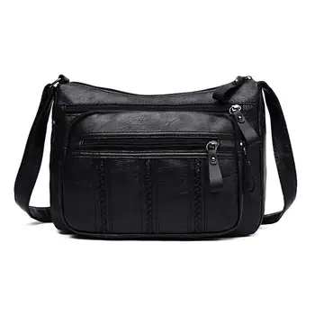 

Black Casual Messenger Bags for Women Leather Pure Color Multi-Pocket Shoulder Handbag