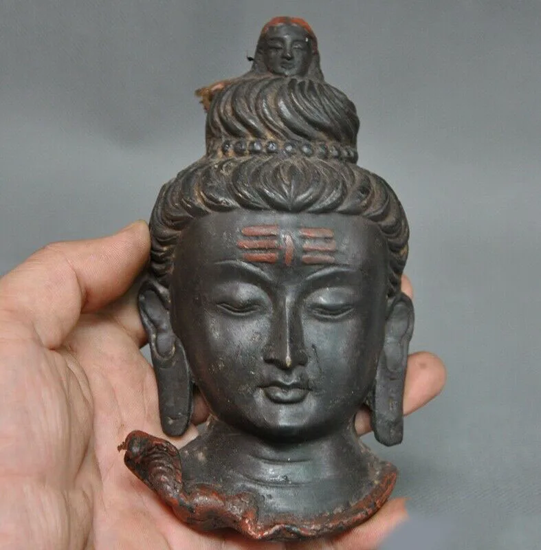 

wedding decoration 6"Tibetan Buddhism Bronze snake cobra Shakyamuni Buddha head statue Wall hanging