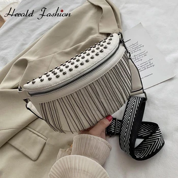 

Fashion Tassel Rivet Crossbody Chest Bags for Women 2020 Wide Straps Day Bag Lady Travel PU Leather Handbags and Purses