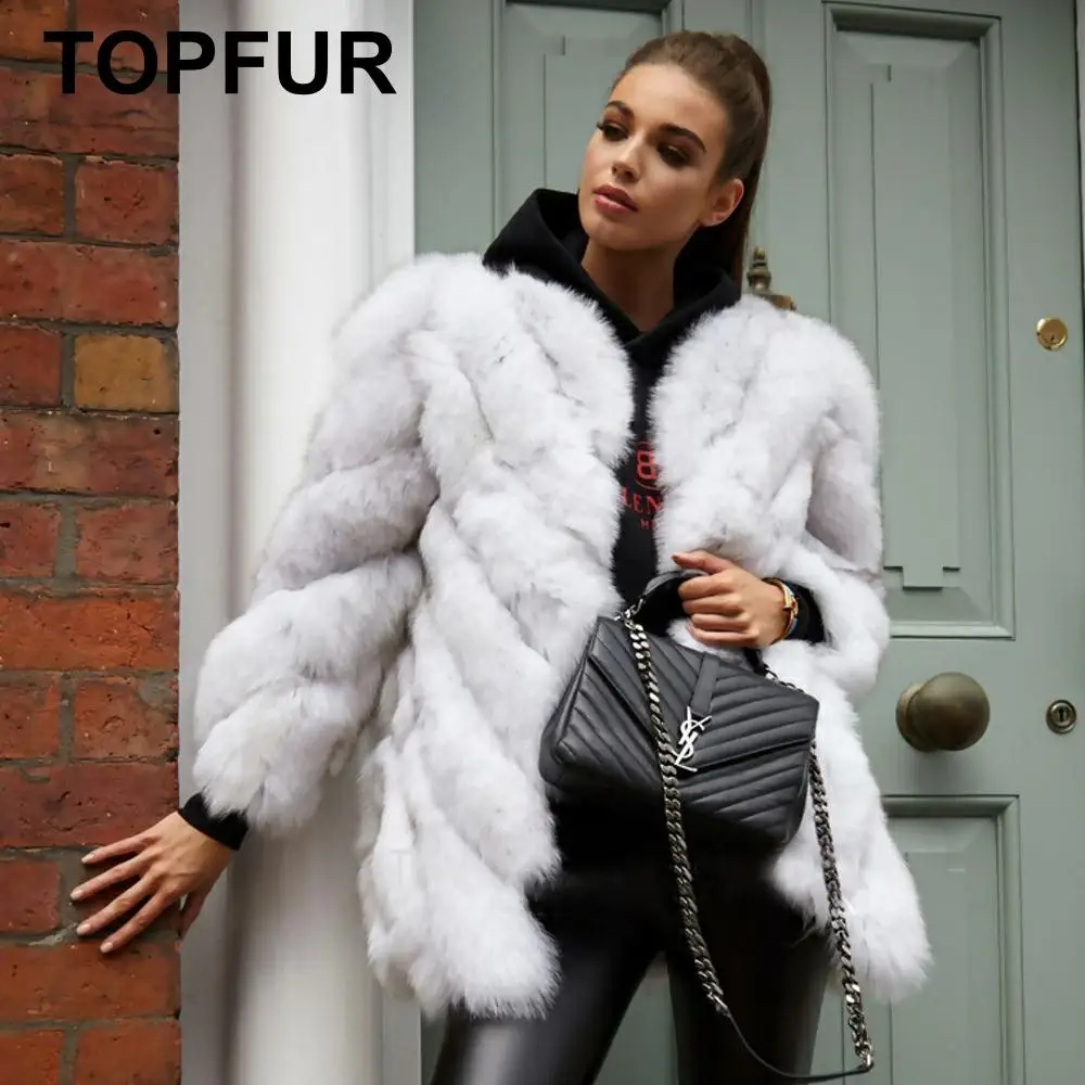 TOPFUR, модное белое меховое пальто для женщин, с круглым вырезом, натуральное меховое пальто для женщин, рукав три четверти, натуральное лисьего меха, пальто синего цвета из лисьего меха