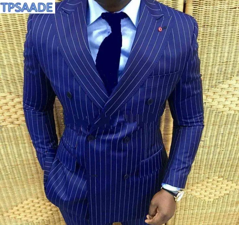 Stylish-Design-Groom-Tuxedos-Double-Breasted-Blue-Stripe-Peak-Lapel-Groomsmen-Best-Man-Suit-Mens-Wedding