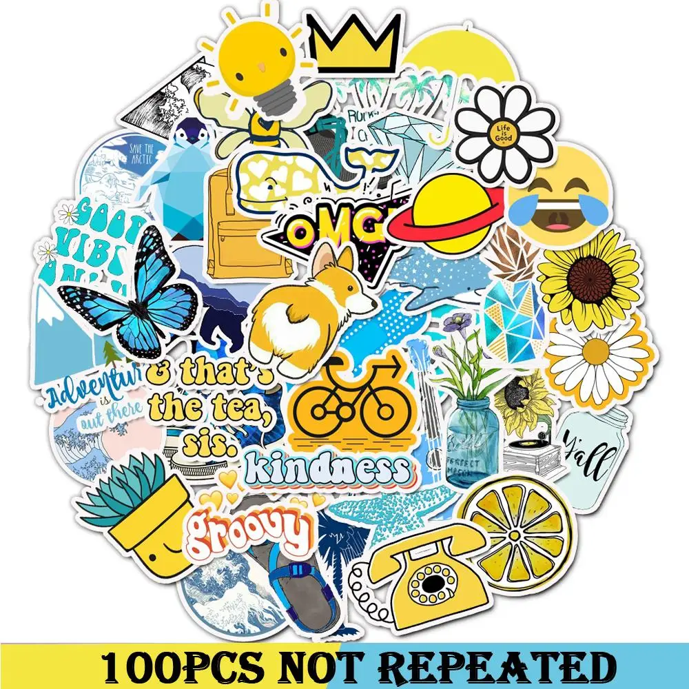 100 шт Упаковка желтые и синие летние граффити Vsco наклейки для мотора и чемодана крутой ноутбук скейтборд DIY водонепроницаемые наклейки