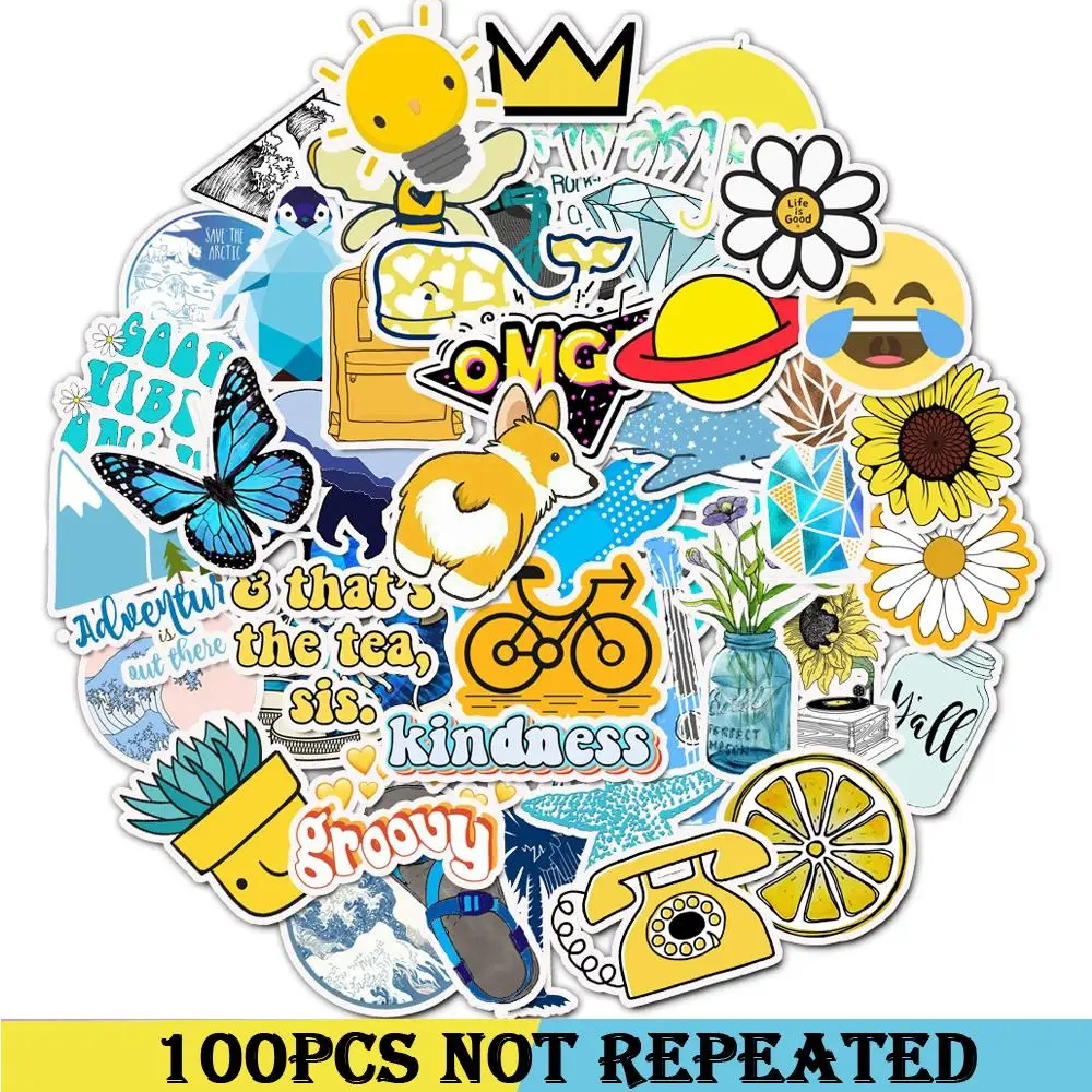 

100Pcs Pack Yellow And Blue Summer graffiti Vsco stickers For Motor & suitcase cool laptop Skateboard DIY Waterproof stickers