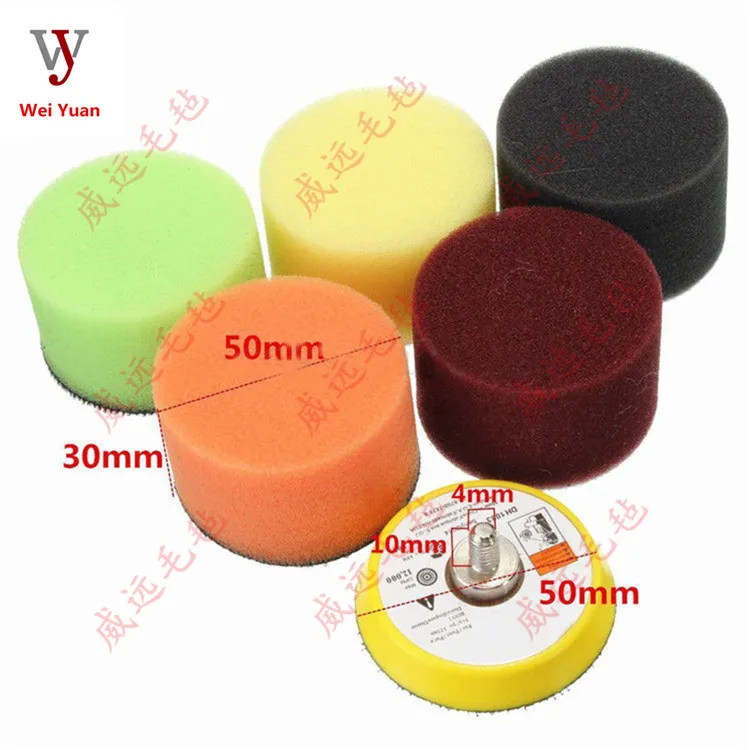 16 PCs Car Polishing Sponge Roundel Set 50 Flocked Flat Sponge Wheel Polishing Disc 2-Inch M6 Pneumatic Dorsal Disk
