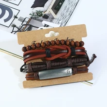 Панк Ретро кожаный браслет из четырех частей простой тканый DIY деревянные бусины браслеты с подвесками Ручная Веревка модные ювелирные изделия аксессуары