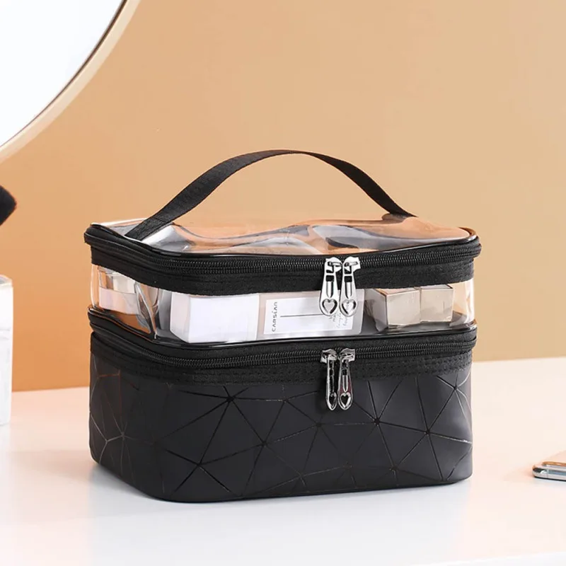 Double-layer Cosmetic Bag Plaid Large Capacity Casual Female Portable Travel Bag TPU Zipper Makeup Bag