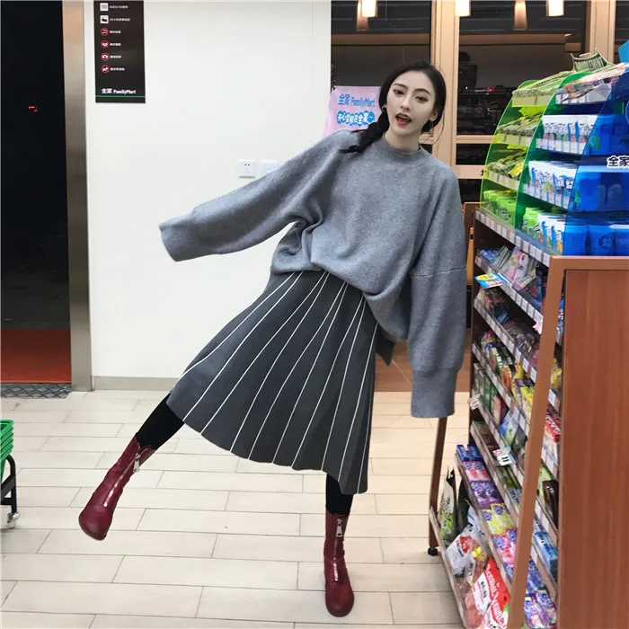 Skirts Womens Winter Vintage Striped Slim A Line High Waist Knitted Long Skirt Black Gray Fringe Skirt DF998