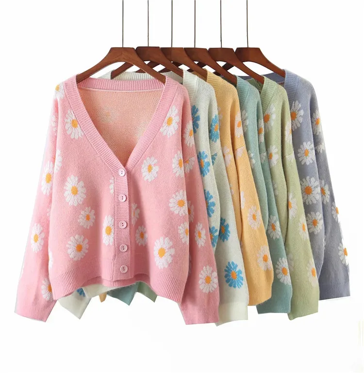 Kpytomoa Femme Fashion Print Soft Sweater Ladies Full Sleeve Floral Single Little Daisy V-Neck Pull Oversize Cardigan Streetwear |