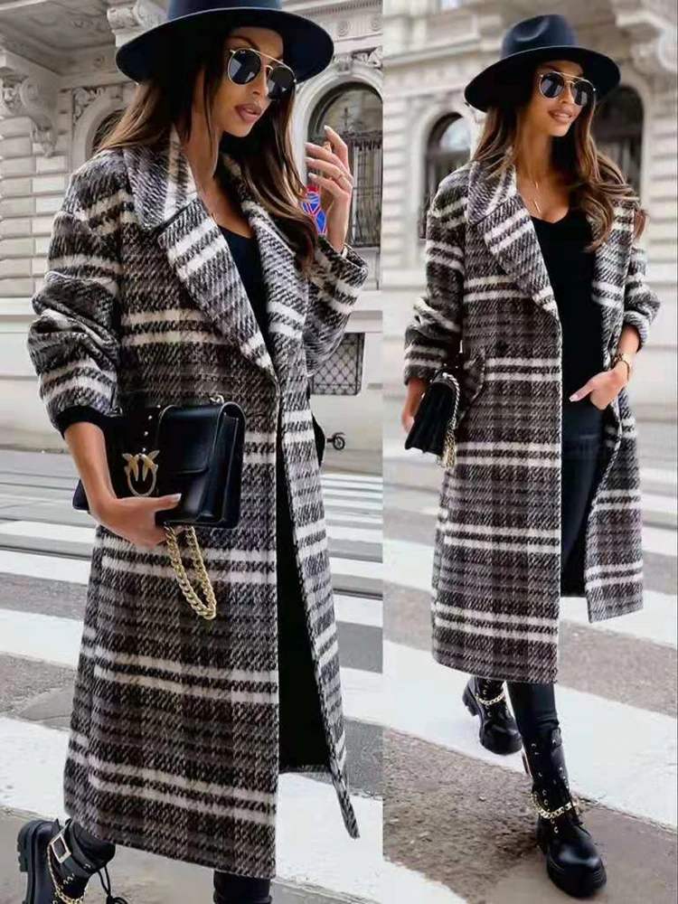 Autunno inverno donna spessa calda giacca a quadri di lana Casual Plaid cappotto  lungo femminile miscele oversize soprabito Manteau Femme Hiver