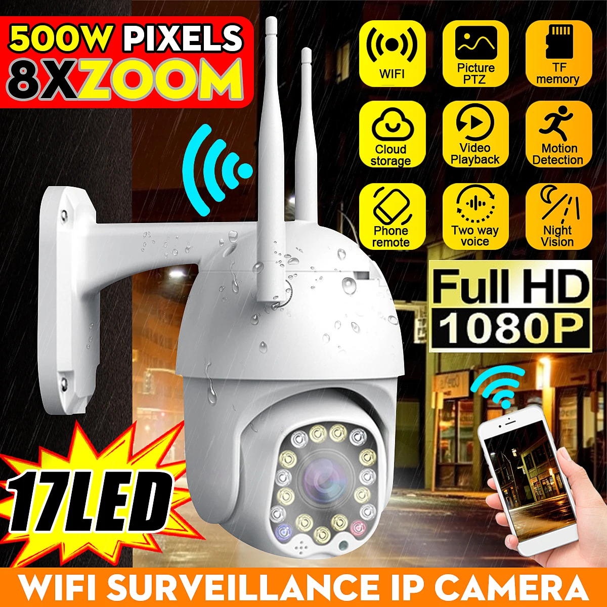  1080P PTZ IP Camera Wifi Outdoor Speed Dome Wireless Wifi Security Camera Pan Tilt 8X Digital Zoom 