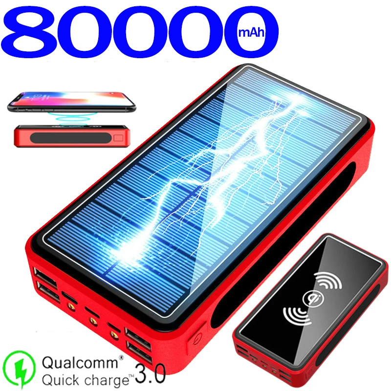 Solar Power Bank 80000mAh Large Capacity Wireless Battery Pack 4USB Mobile Phone Charger LED Light for Xiaomi Samsung | Мобильные