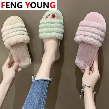 

Winter Women Furry Slippers Non-slip Flats Female indoor home fur slides design Slip on Warm House Shoes cozy