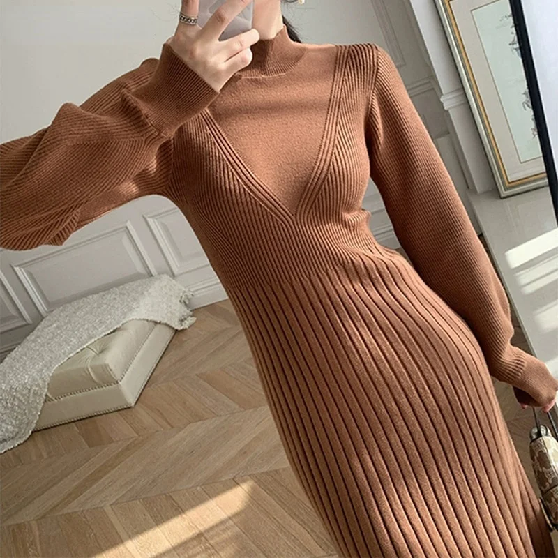 

Autumn Winter Knitted A-line Dress For Women Casual Full Sleeve Slim Waist Thick Female Sweaters Dress Vestidos 2021