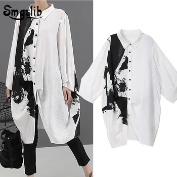 

2020 Women Black White Print Big Size Oversize Dress New Lapel Long Sleeve Loose Fit Fashion Tide Spring Autumn
