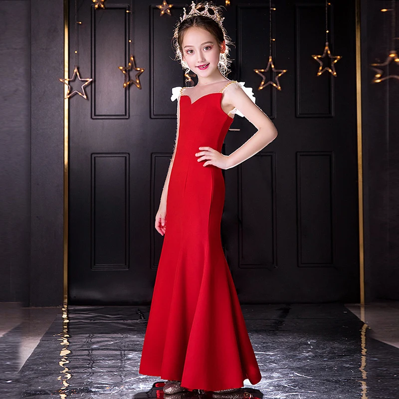 

Temperament Girl Elegant Simple Red Long Evening Dresses Fashion Luxury Prom Evening Dresses Children Christmas Party Costume