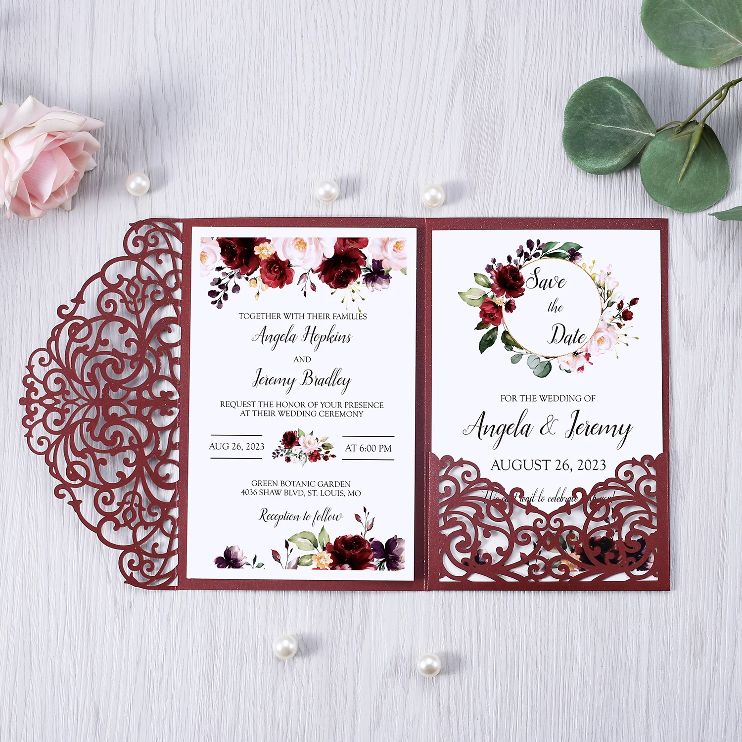1pcs Glitter Wedding Invitations Burgundy Blue Gold Rose Laser Cut Hollow with Envelopes | Дом и сад